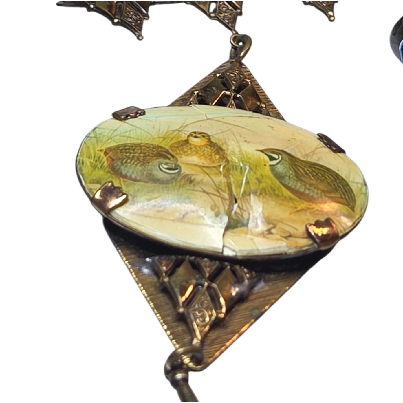 Antique Victorian Celluloid Quail Bird Pendant Necklace Brass Filigree 22" AS IS