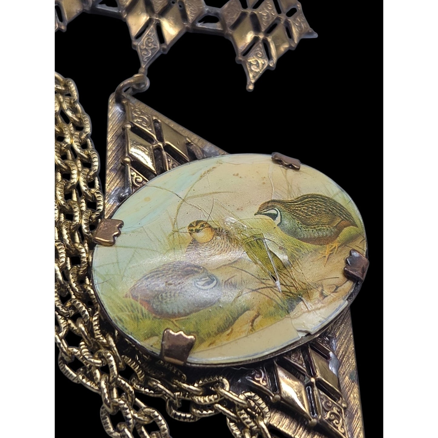 Antique Victorian Celluloid Quail Bird Pendant Necklace Brass Filigree 22" AS IS
