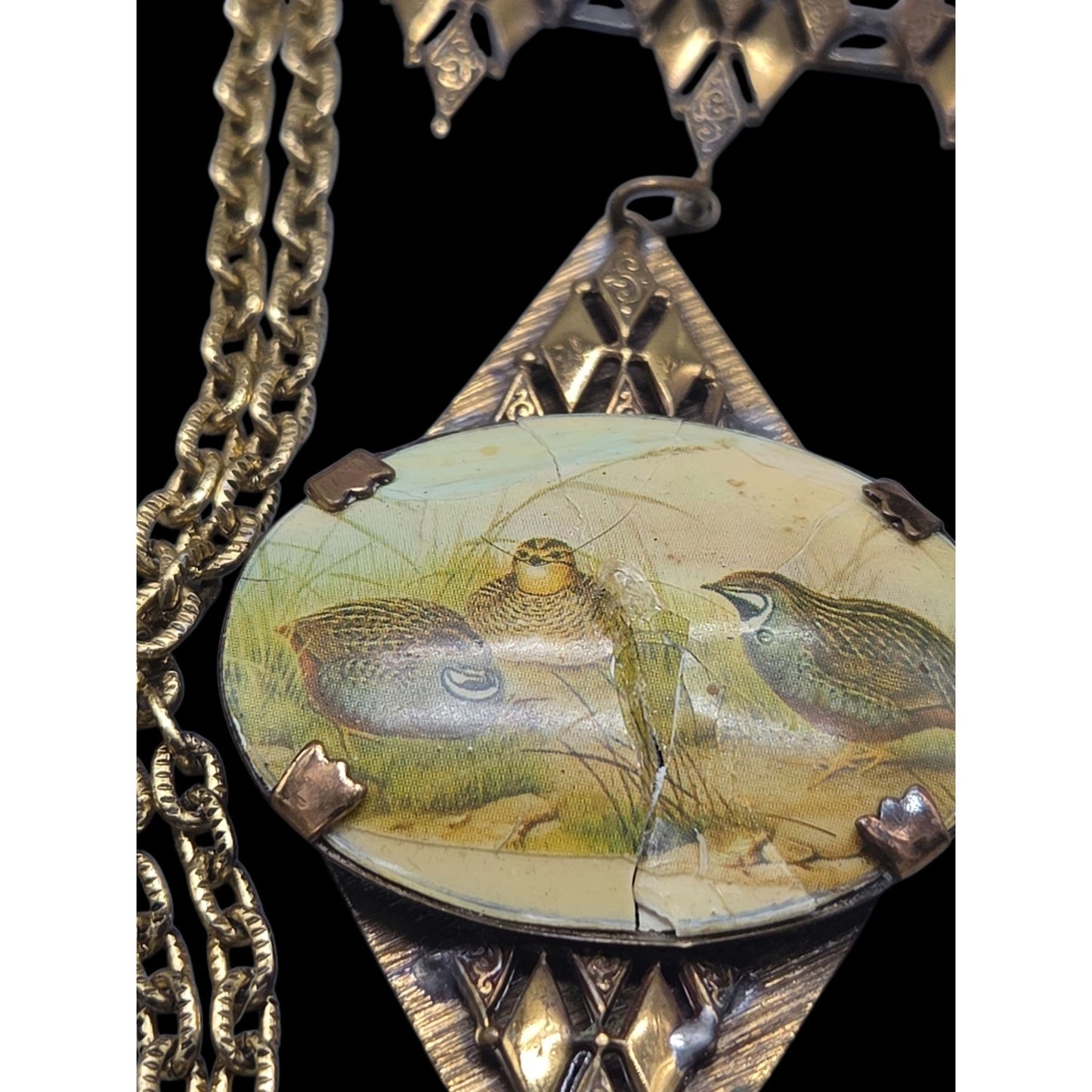 Antique Victorian Celluloid Quail Bird Pendant Necklace Brass Filigree 22" AS IS