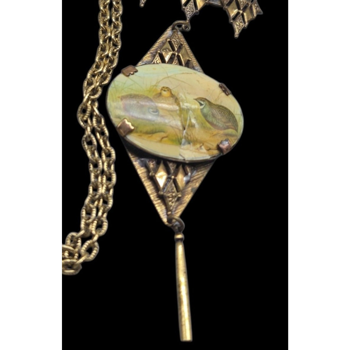 Antique Victorian Celluloid Quail Bird Pendant Necklace Brass Filigree 22" AS IS