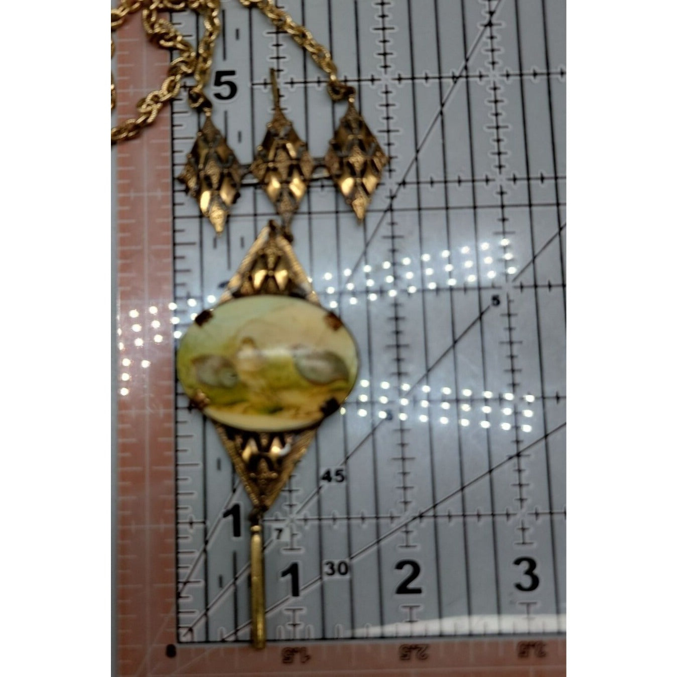 Antique Victorian Celluloid Quail Bird Pendant Necklace Brass Filigree 22" AS IS