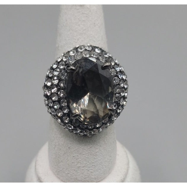 Smokey Black Cabochon Cocktail Ring Rhinestone Accent Gunmetal Gray Size 8