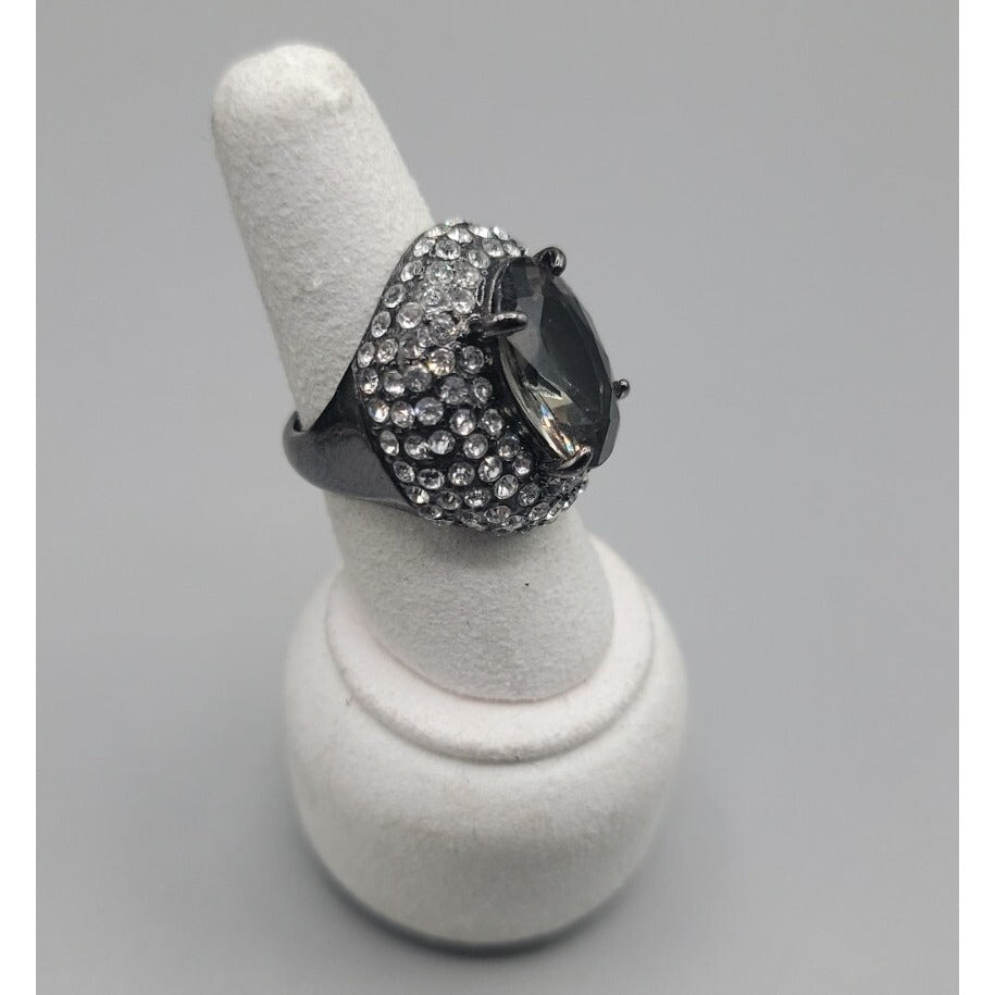 Smokey Black Cabochon Cocktail Ring Rhinestone Accent Gunmetal Gray Size 8