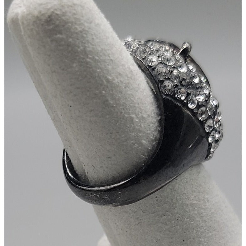 Smokey Black Cabochon Cocktail Ring Rhinestone Accent Gunmetal Gray Size 8