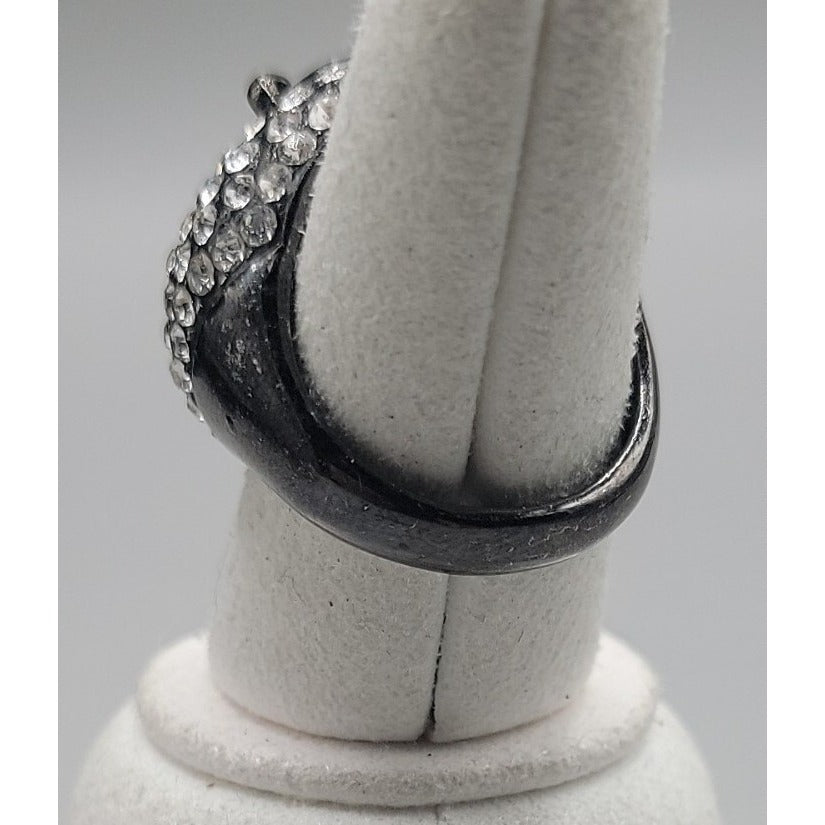Smokey Black Cabochon Cocktail Ring Rhinestone Accent Gunmetal Gray Size 8