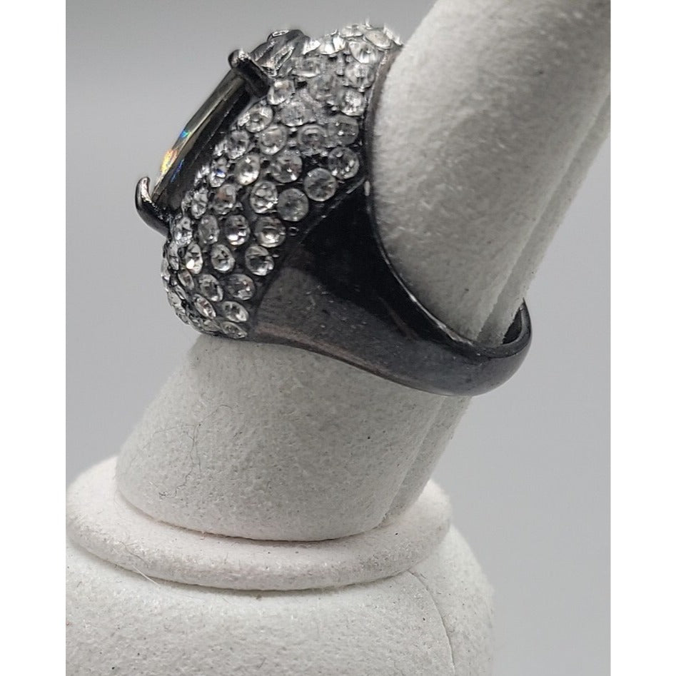 Smokey Black Cabochon Cocktail Ring Rhinestone Accent Gunmetal Gray Size 8