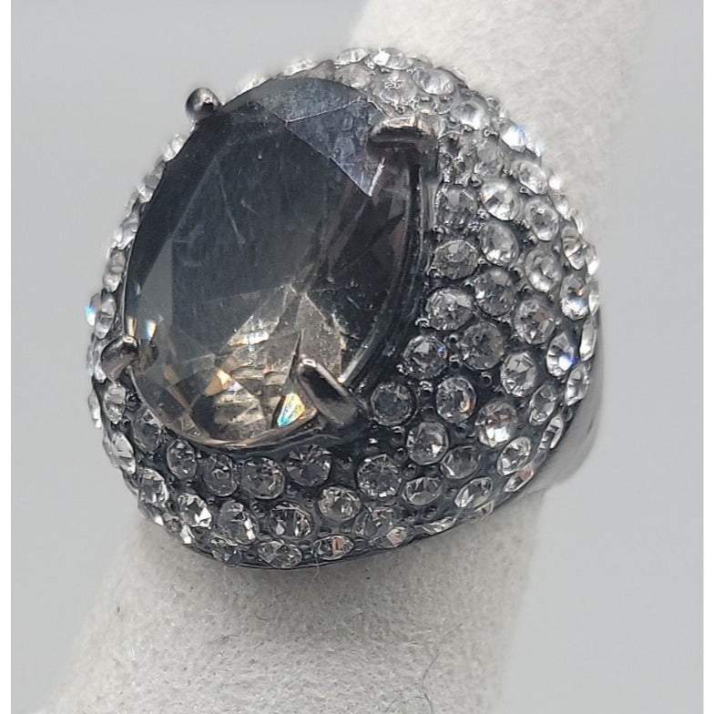 Smokey Black Cabochon Cocktail Ring Rhinestone Accent Gunmetal Gray Size 8