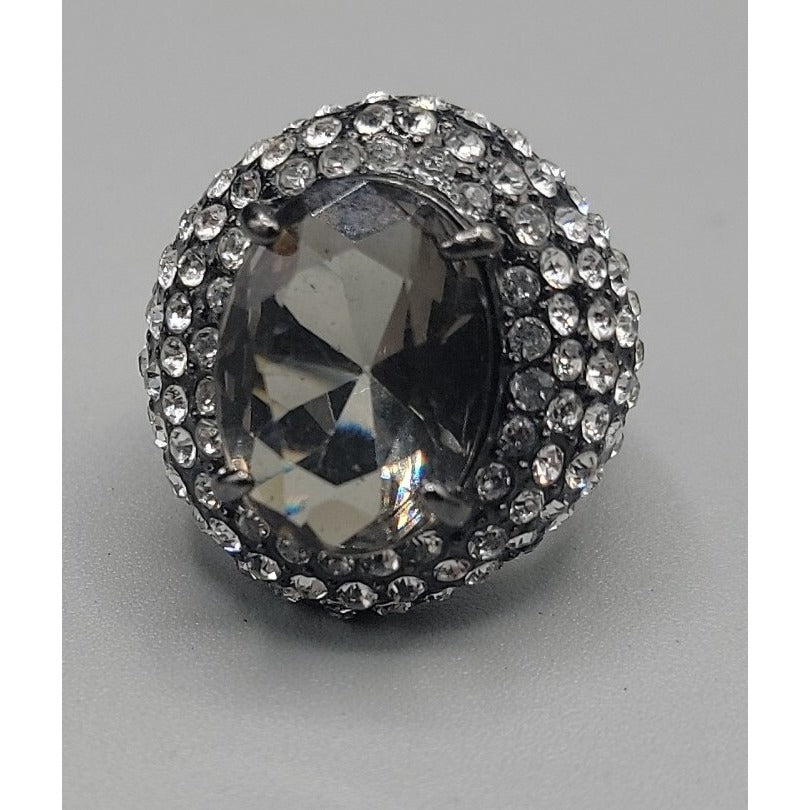 Smokey Black Cabochon Cocktail Ring Rhinestone Accent Gunmetal Gray Size 8