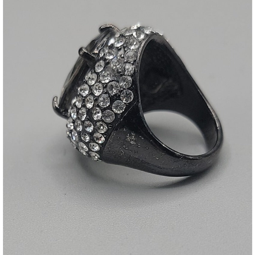 Smokey Black Cabochon Cocktail Ring Rhinestone Accent Gunmetal Gray Size 8