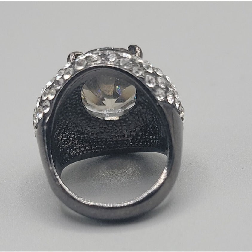 Smokey Black Cabochon Cocktail Ring Rhinestone Accent Gunmetal Gray Size 8
