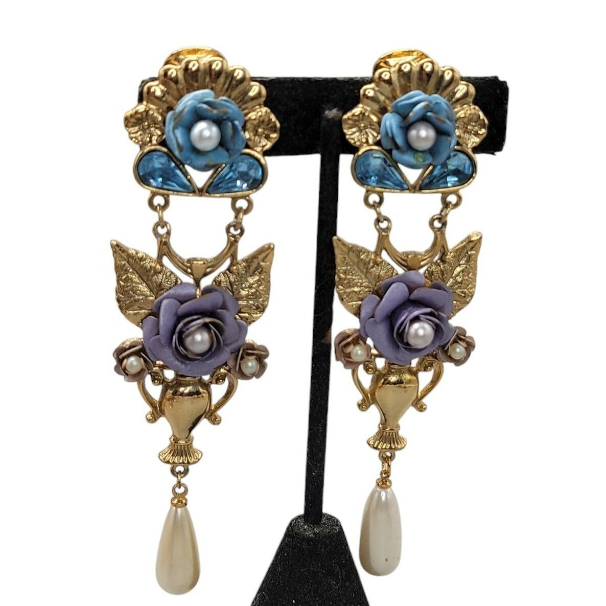 1928 Floral Dangling Statement Earrings Gold Plated Faux Pearl Rhinestones VTG
