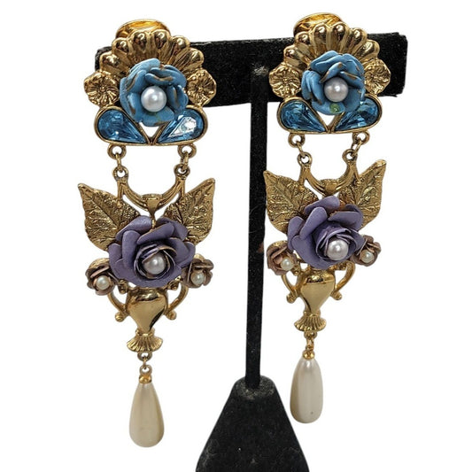 1928 Floral Dangling Statement Earrings Gold Plated Faux Pearl Rhinestones VTG