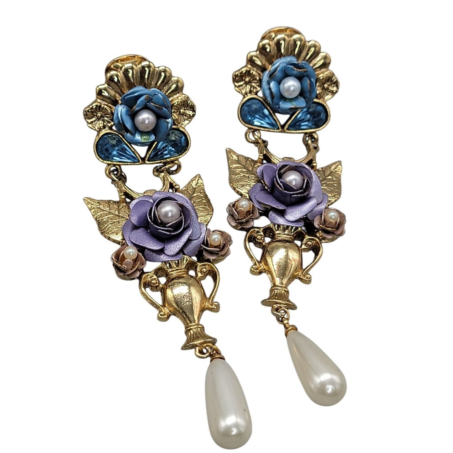 1928 Floral Dangling Statement Earrings Gold Plated Faux Pearl Rhinestones VTG