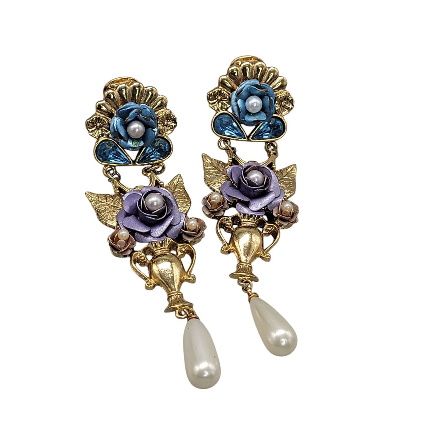 1928 Floral Dangling Statement Earrings Gold Plated Faux Pearl Rhinestones VTG