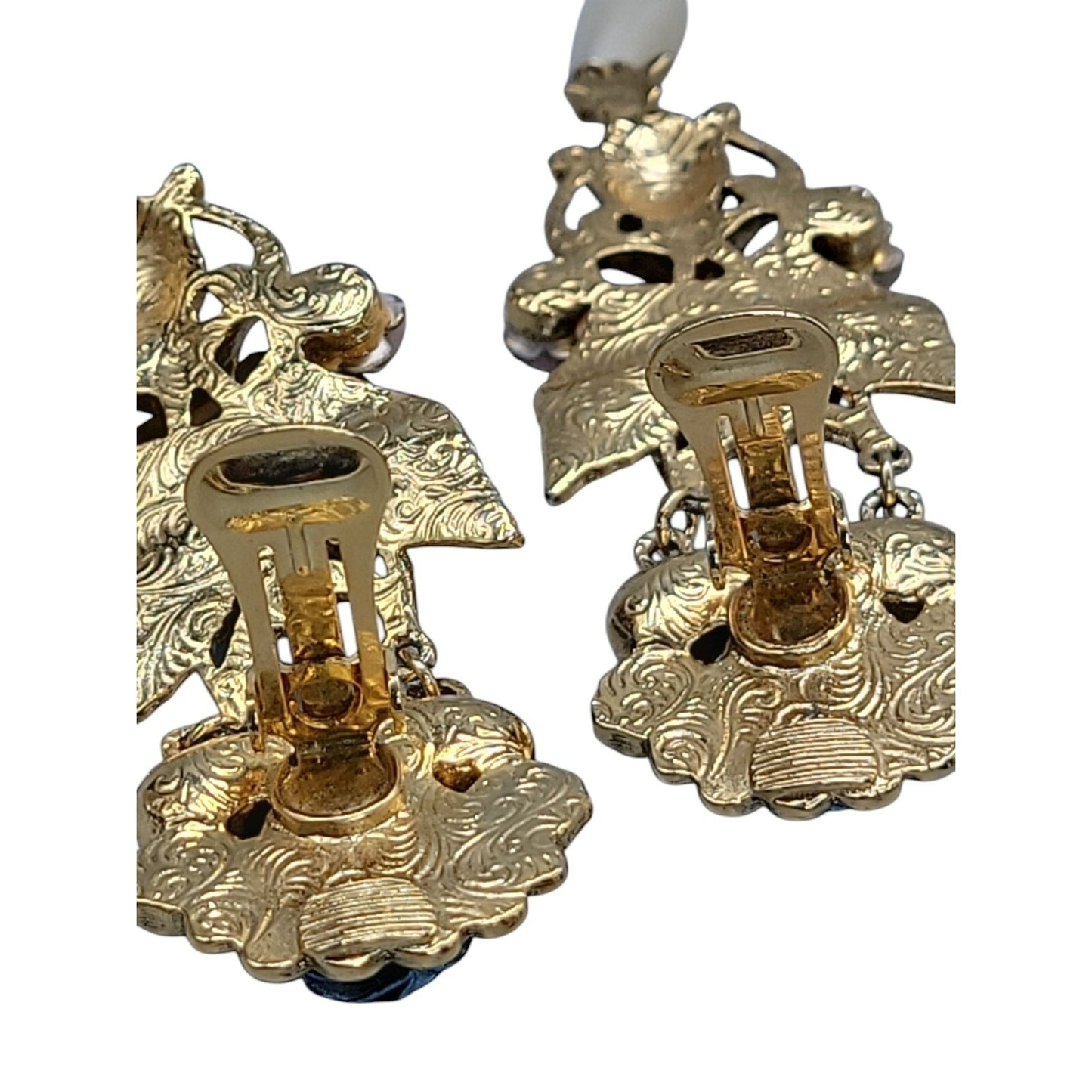 1928 Floral Dangling Statement Earrings Gold Plated Faux Pearl Rhinestones VTG