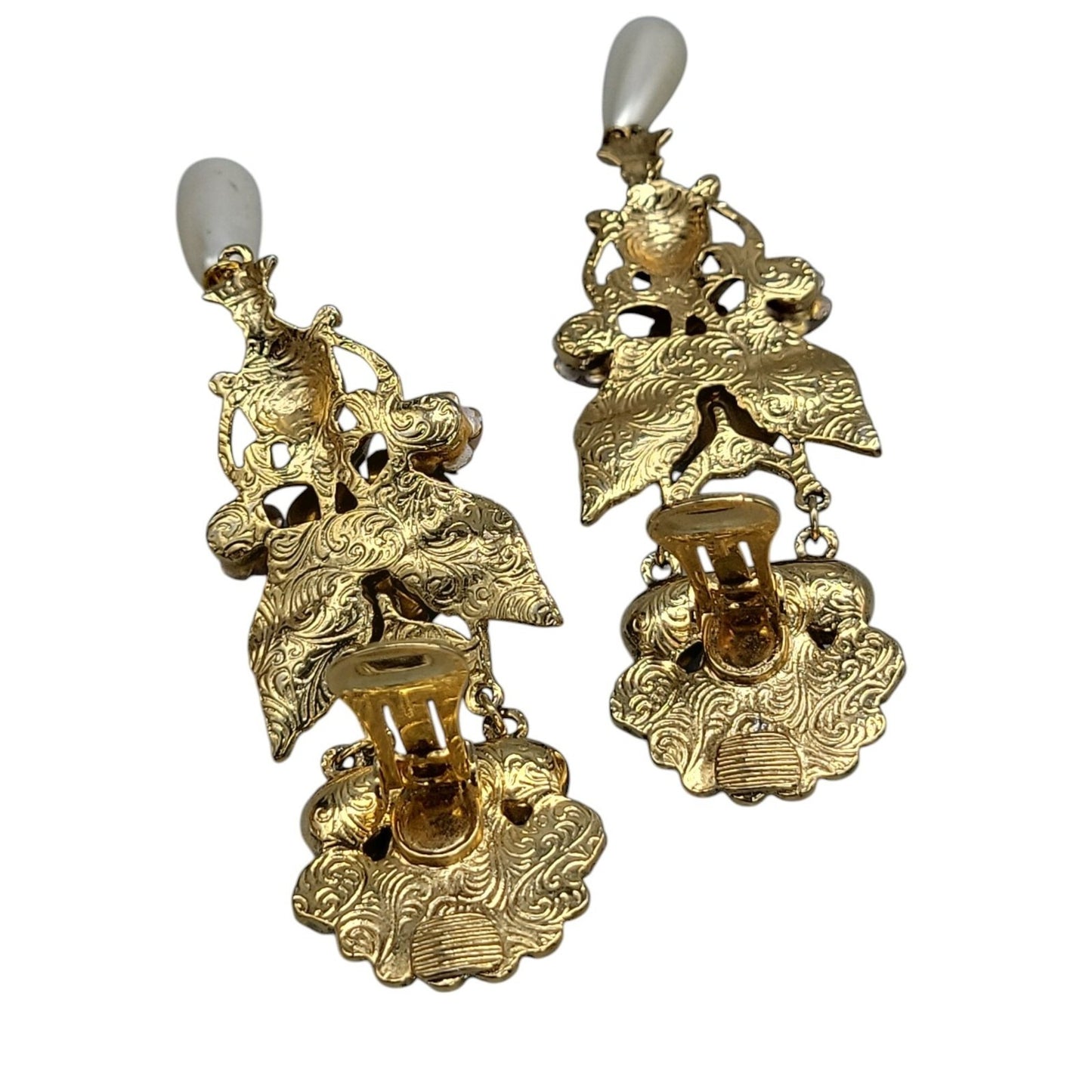 1928 Floral Dangling Statement Earrings Gold Plated Faux Pearl Rhinestones VTG