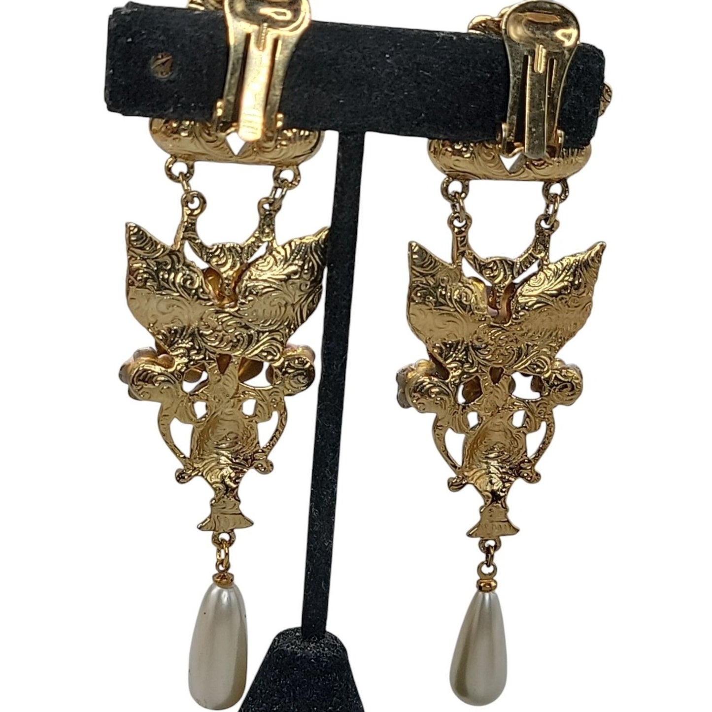 1928 Floral Dangling Statement Earrings Gold Plated Faux Pearl Rhinestones VTG