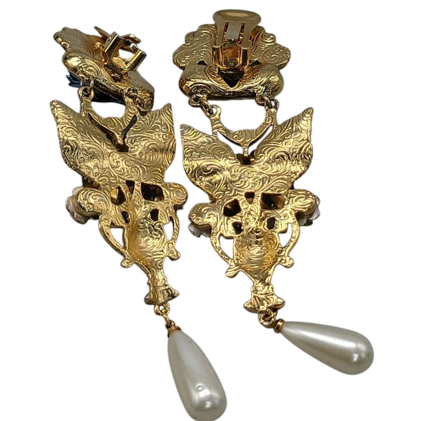 1928 Floral Dangling Statement Earrings Gold Plated Faux Pearl Rhinestones VTG