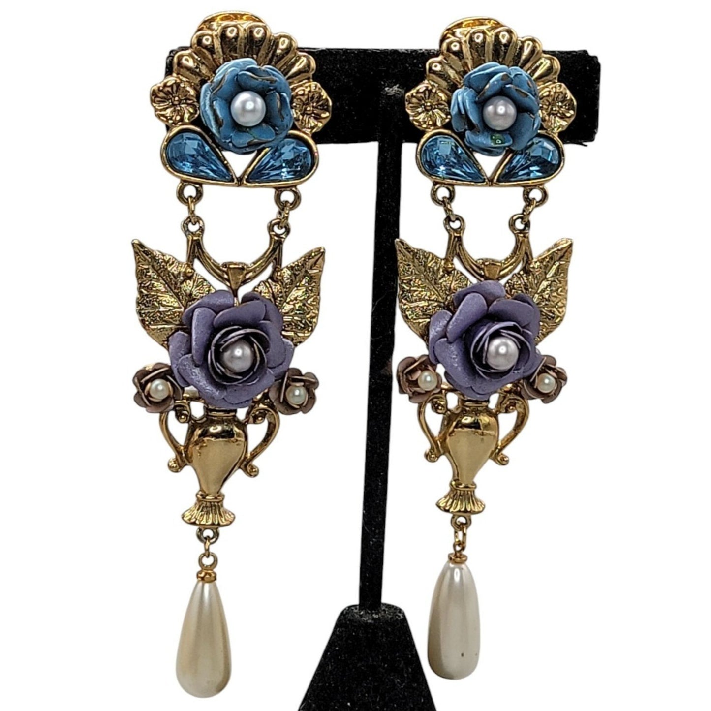 1928 Floral Dangling Statement Earrings Gold Plated Faux Pearl Rhinestones VTG