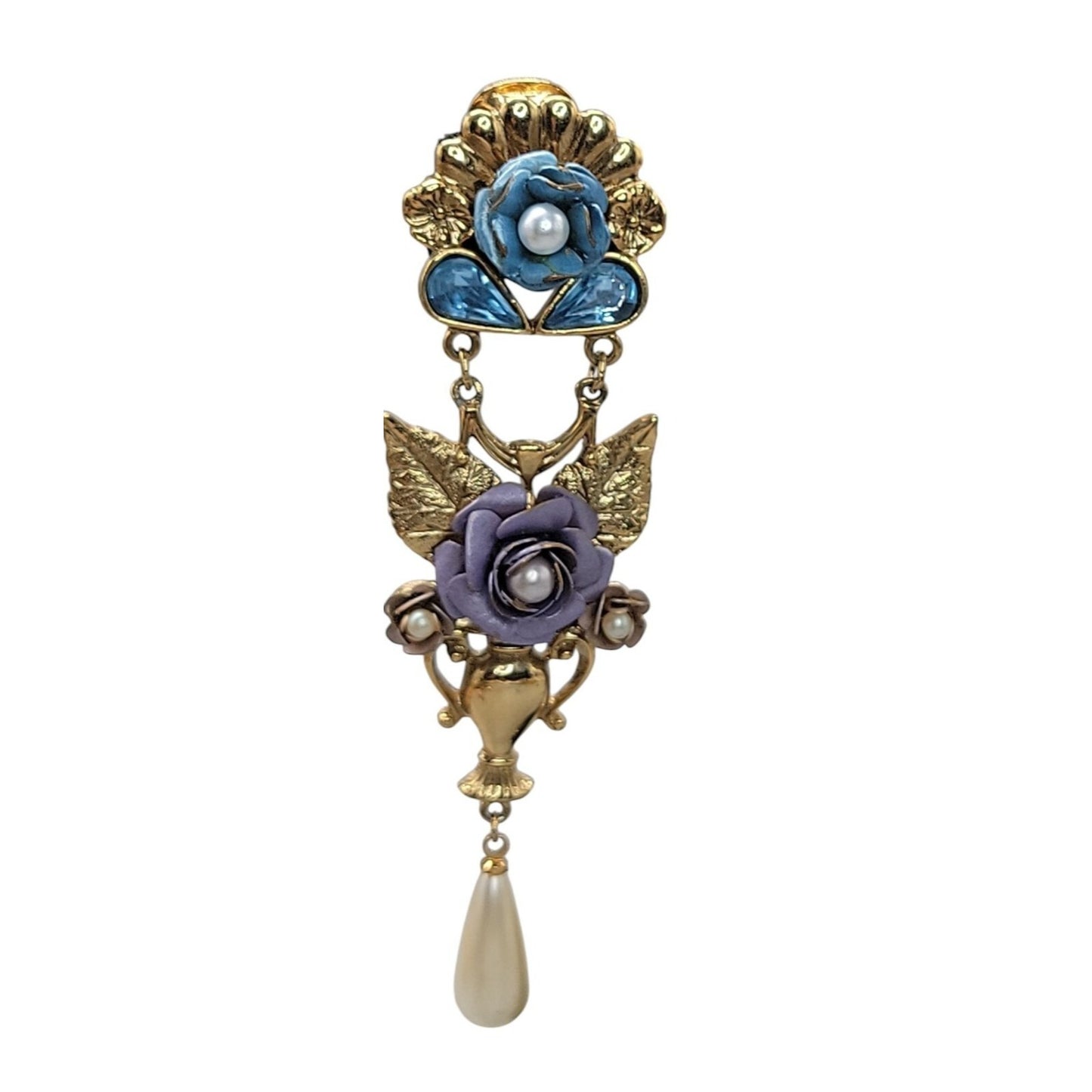 1928 Floral Dangling Statement Earrings Gold Plated Faux Pearl Rhinestones VTG