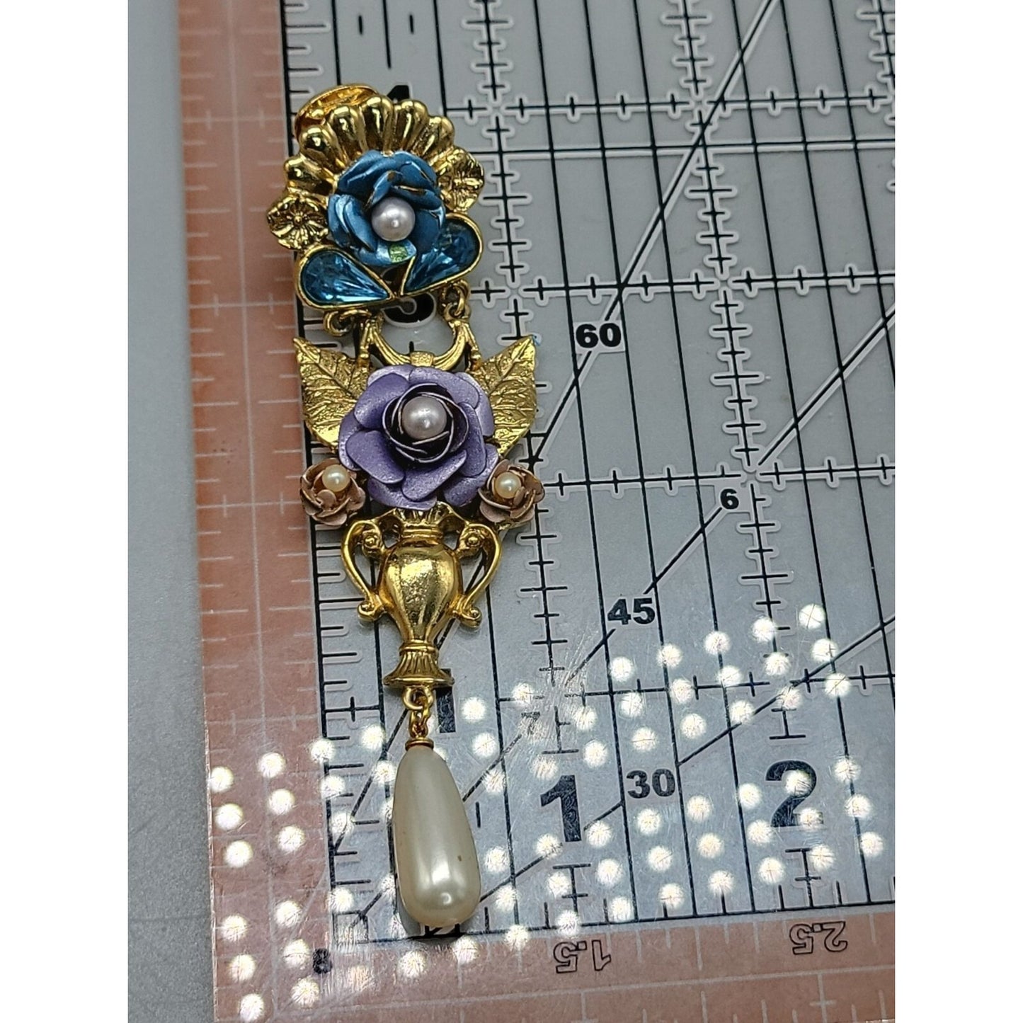 1928 Floral Dangling Statement Earrings Gold Plated Faux Pearl Rhinestones VTG