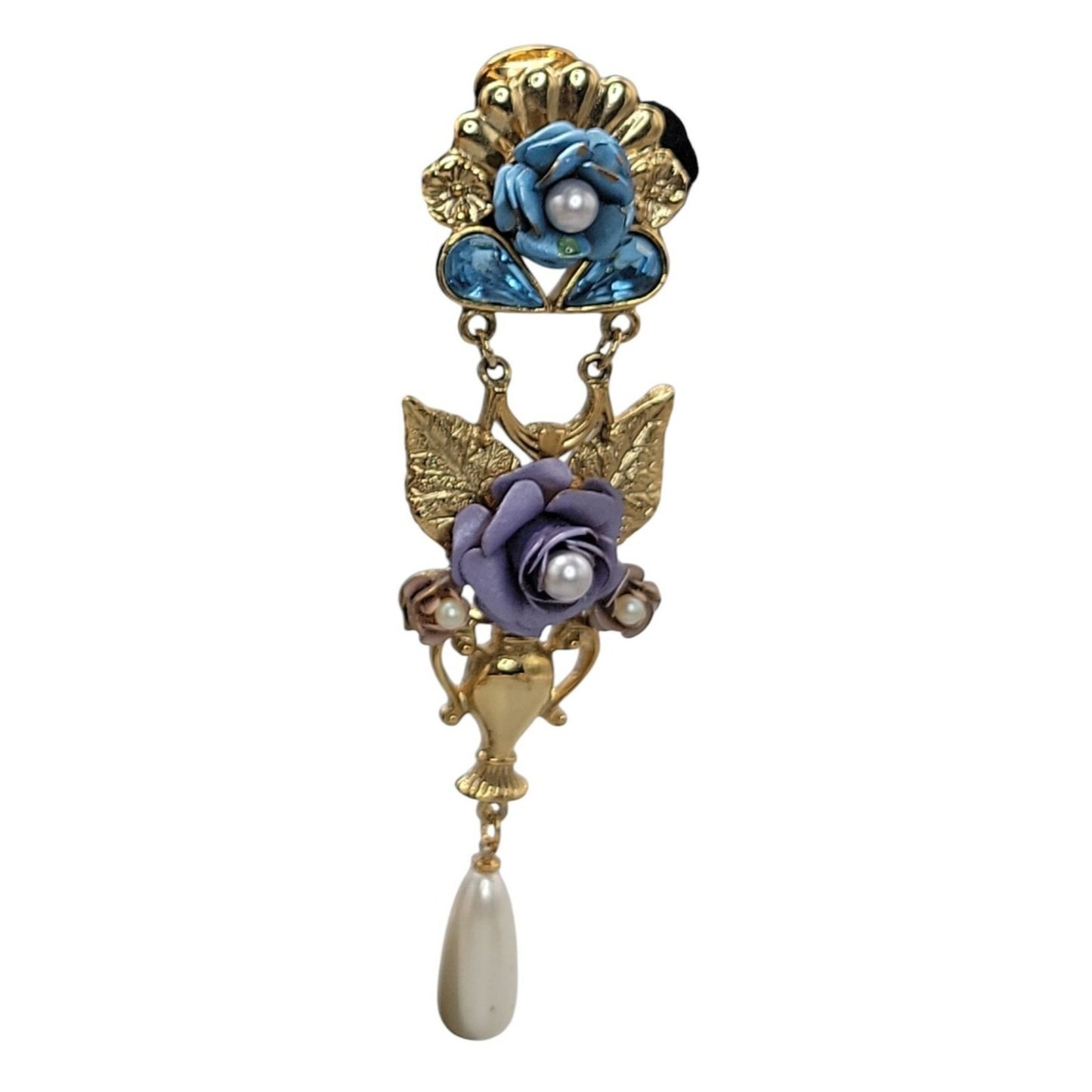 1928 Floral Dangling Statement Earrings Gold Plated Faux Pearl Rhinestones VTG