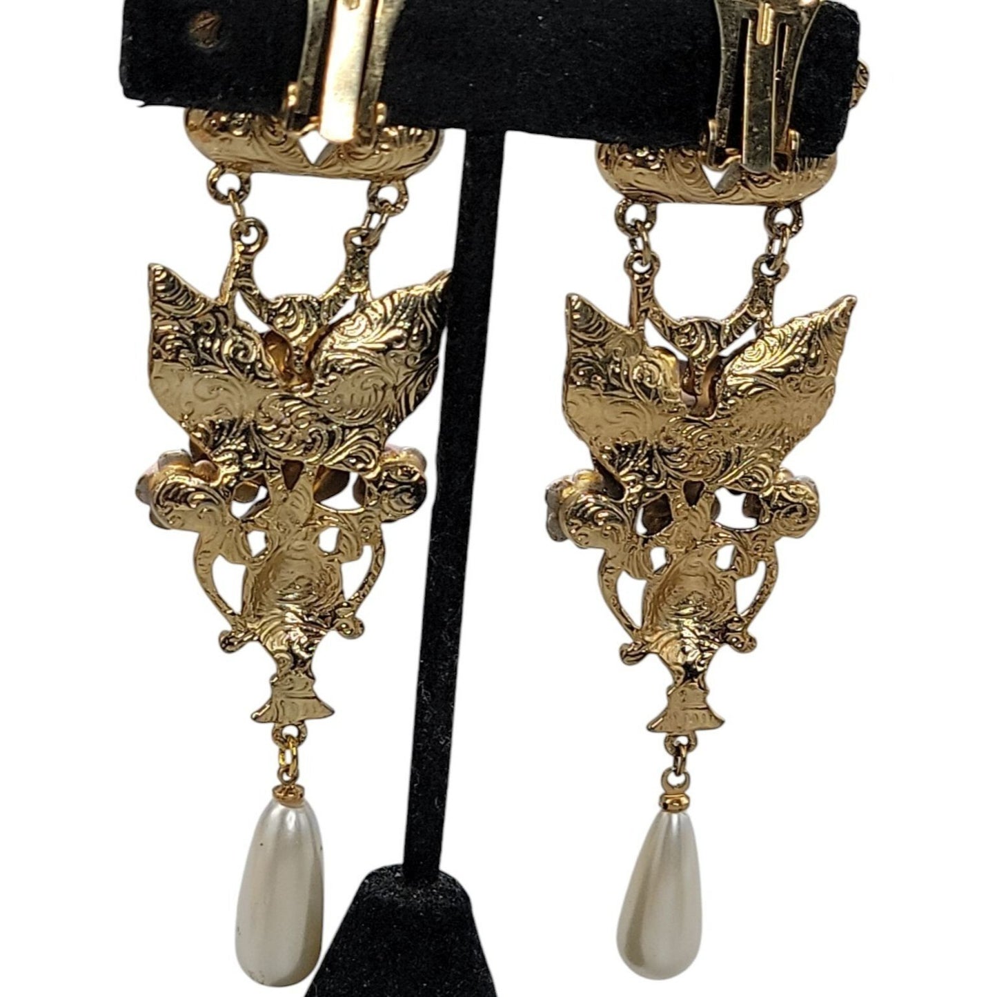 1928 Floral Dangling Statement Earrings Gold Plated Faux Pearl Rhinestones VTG