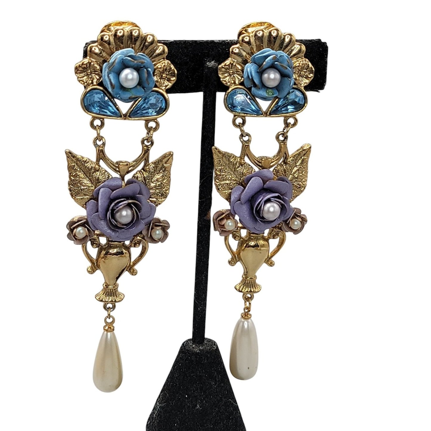 1928 Floral Dangling Statement Earrings Gold Plated Faux Pearl Rhinestones VTG