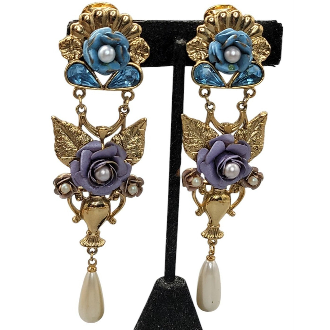 1928 Floral Dangling Statement Earrings Gold Plated Faux Pearl Rhinestones VTG