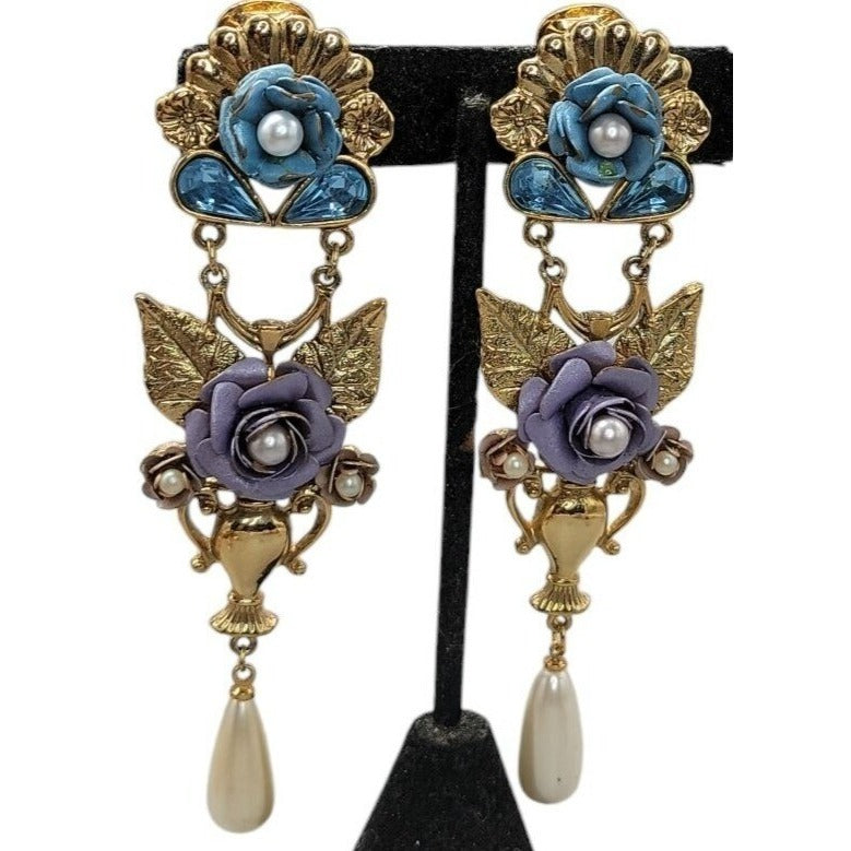 1928 Floral Dangling Statement Earrings Gold Plated Faux Pearl Rhinestones VTG