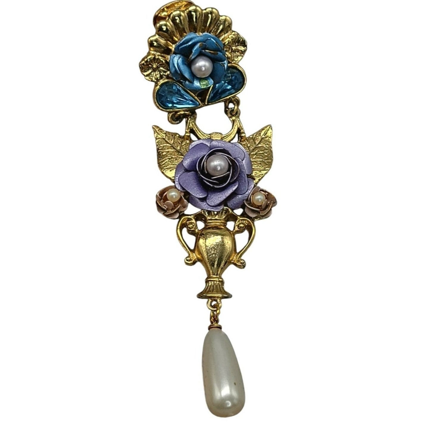 1928 Floral Dangling Statement Earrings Gold Plated Faux Pearl Rhinestones VTG