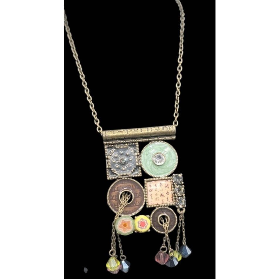 Vtg Unica Mixed Media Hippie Style Necklace 17" Enamel Boho Dangling Crystals