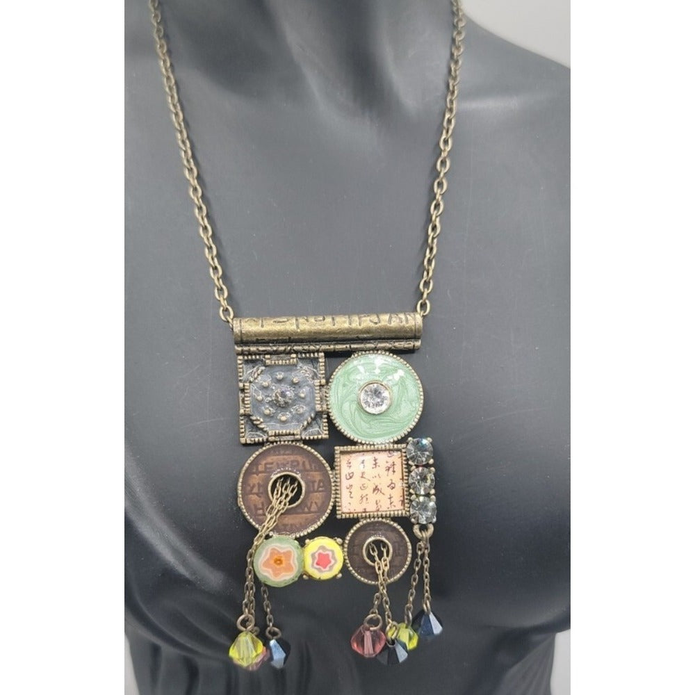 Vtg Unica Mixed Media Hippie Style Necklace 17" Enamel Boho Dangling Crystals