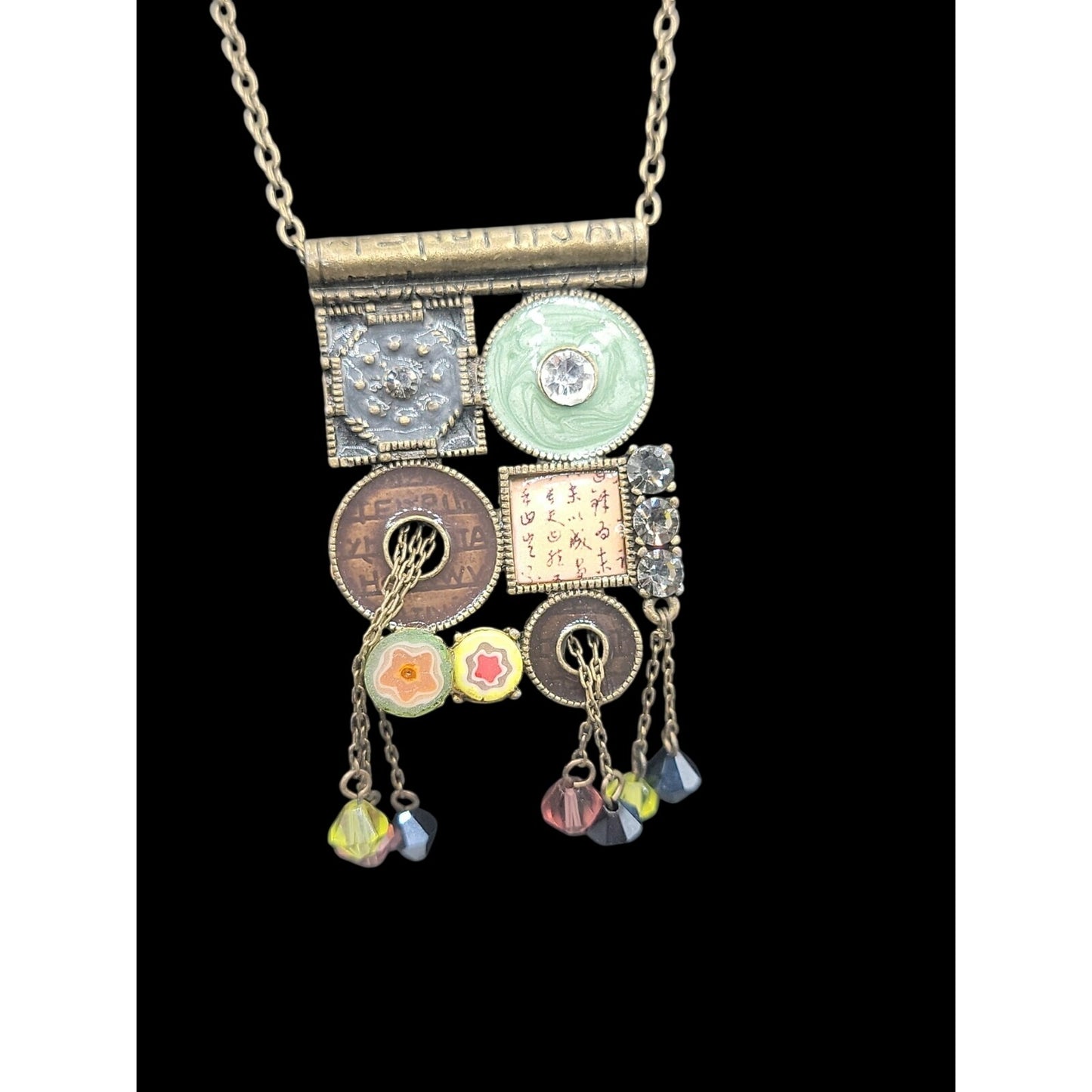 Vtg Unica Mixed Media Hippie Style Necklace 17" Enamel Boho Dangling Crystals