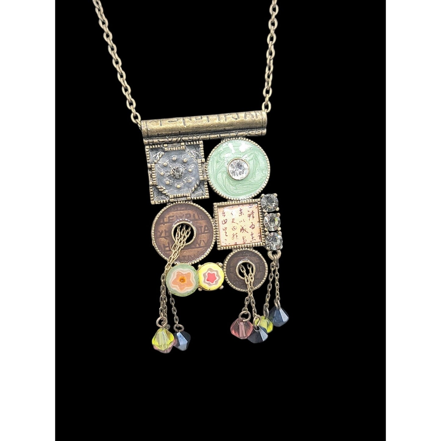 Vtg Unica Mixed Media Hippie Style Necklace 17" Enamel Boho Dangling Crystals