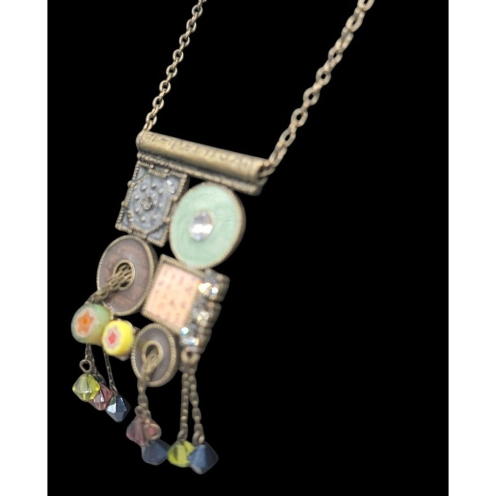 Vtg Unica Mixed Media Hippie Style Necklace 17" Enamel Boho Dangling Crystals