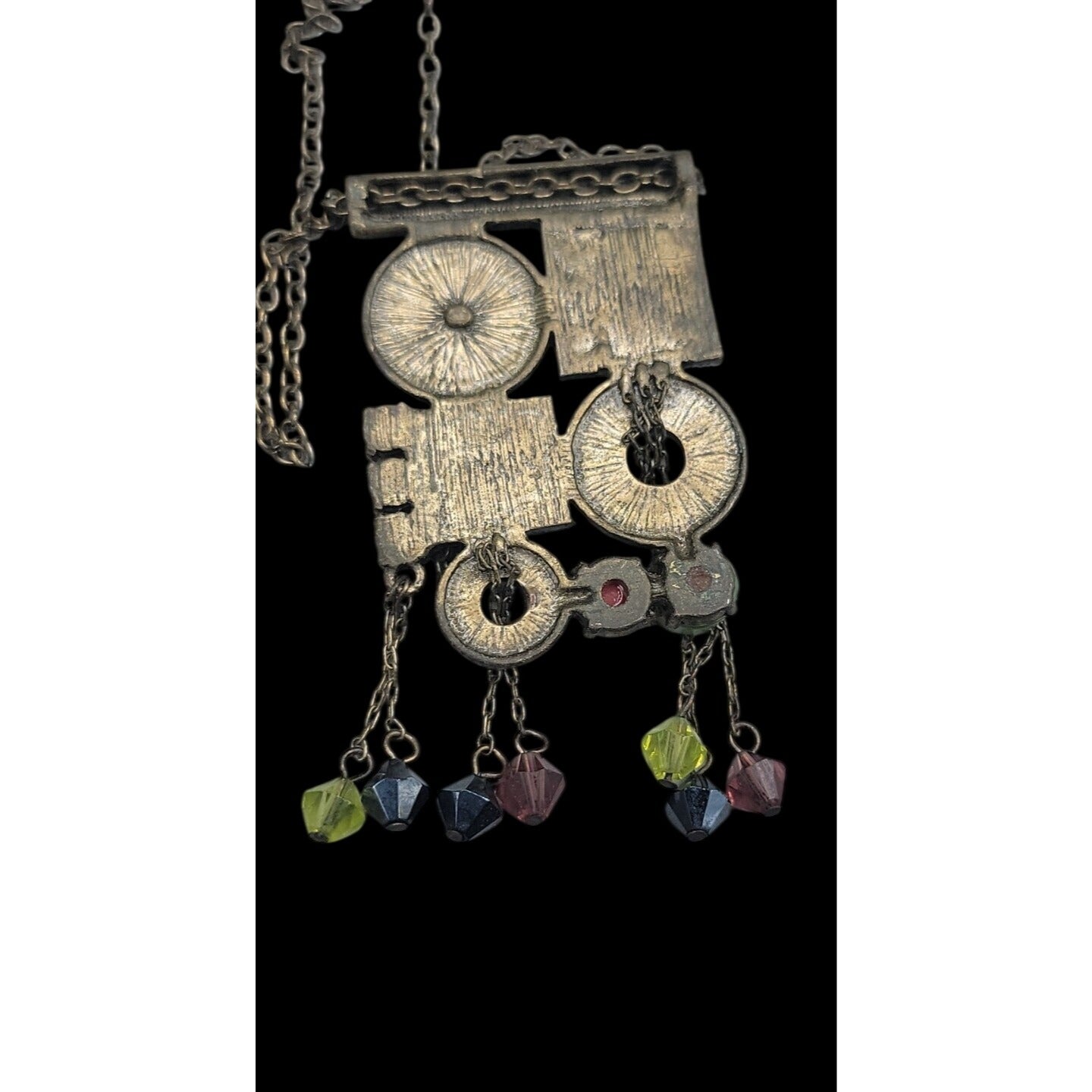 Vtg Unica Mixed Media Hippie Style Necklace 17" Enamel Boho Dangling Crystals