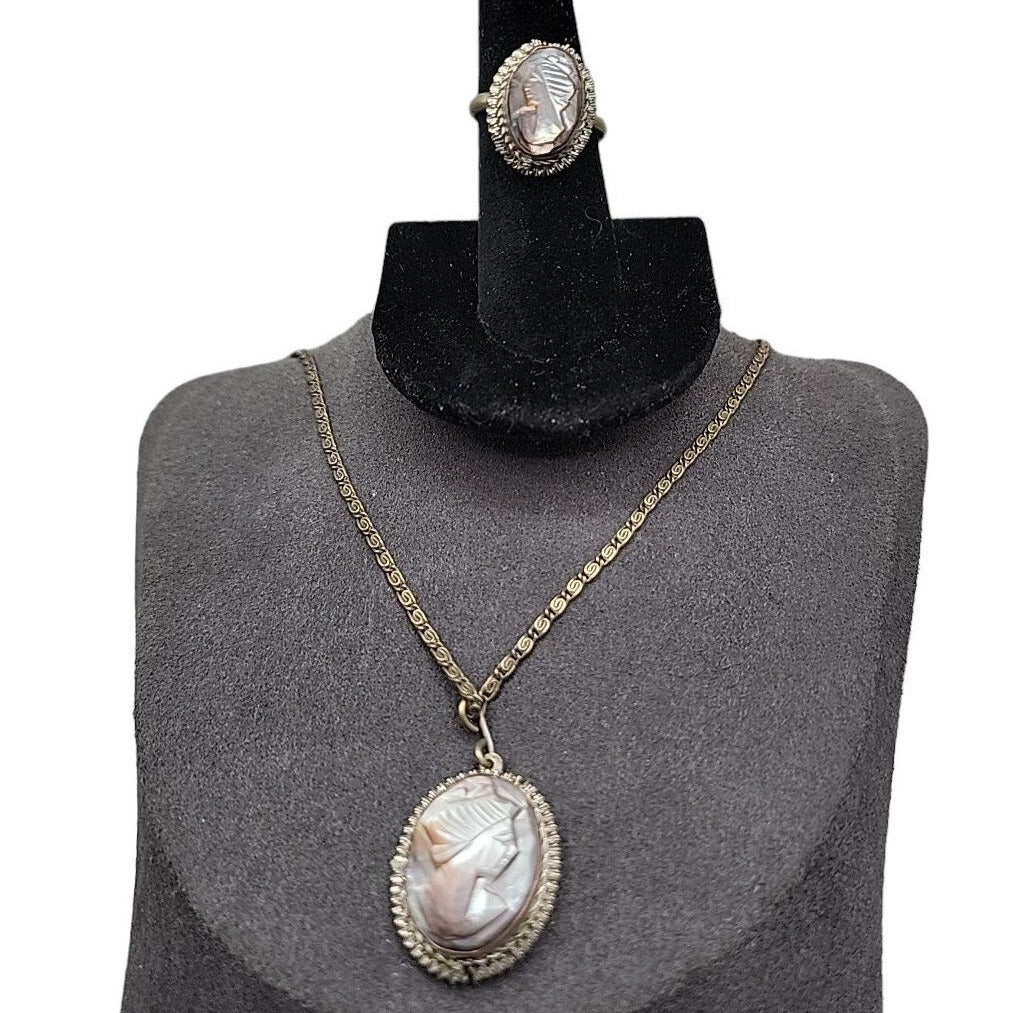 Vintage Italian Signed BS 800 Silver Mother of Pearl Carved Cameo Necklace Ring Set