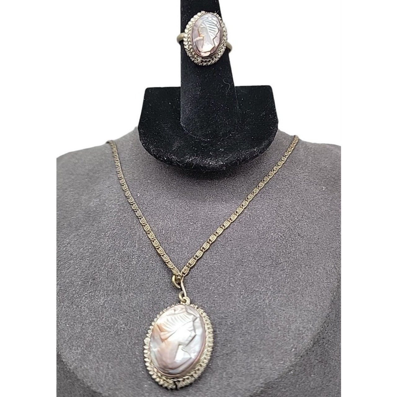 Vintage Italian Signed BS 800 Silver Mother of Pearl Carved Cameo Necklace Ring Set