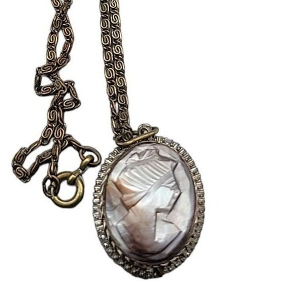 Vintage Italian Signed BS 800 Silver Mother of Pearl Carved Cameo Necklace Ring Set