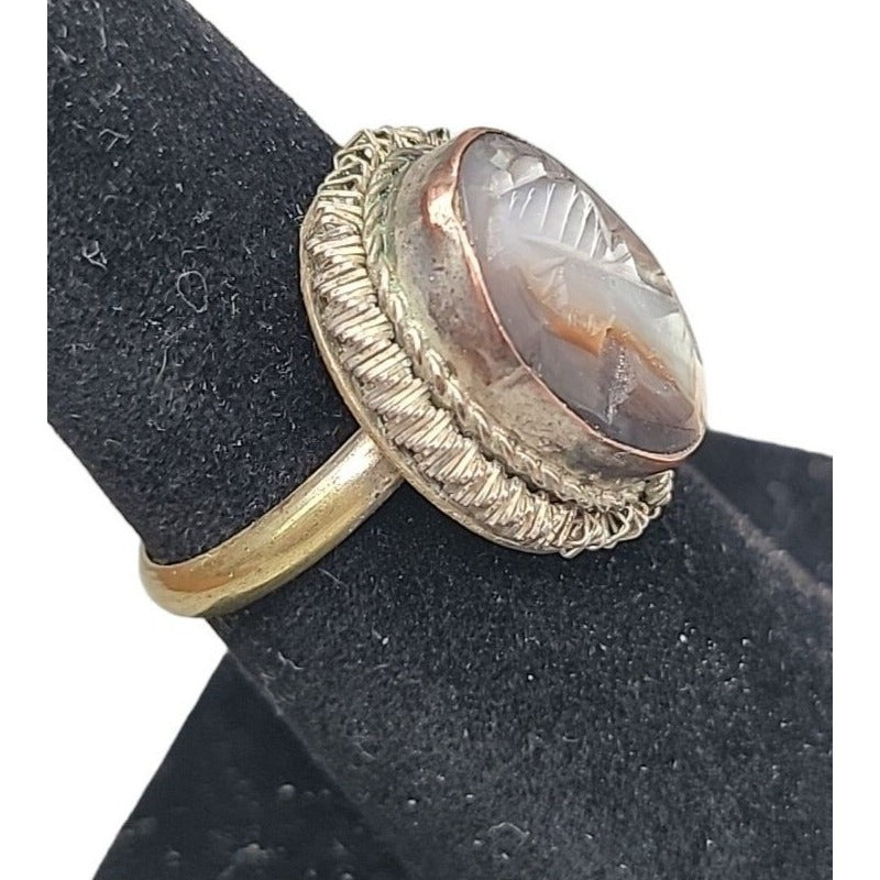 Vintage Italian Signed BS 800 Silver Mother of Pearl Carved Cameo Necklace Ring Set