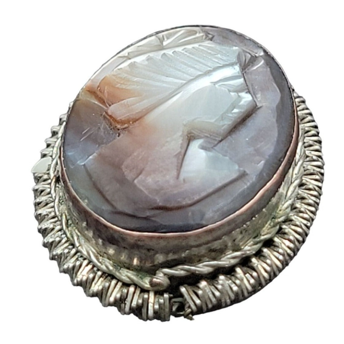 Vintage Italian Signed BS 800 Silver Mother of Pearl Carved Cameo Necklace Ring Set