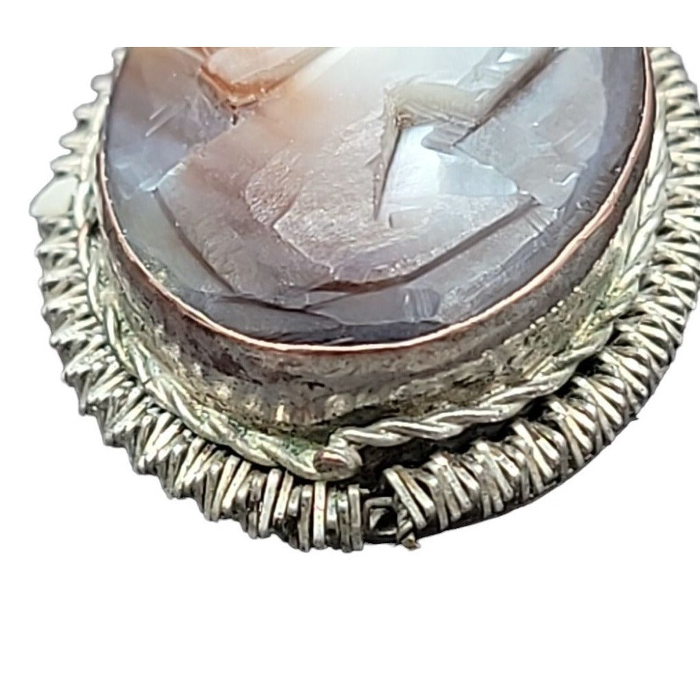 Vintage Italian Signed BS 800 Silver Mother of Pearl Carved Cameo Necklace Ring Set