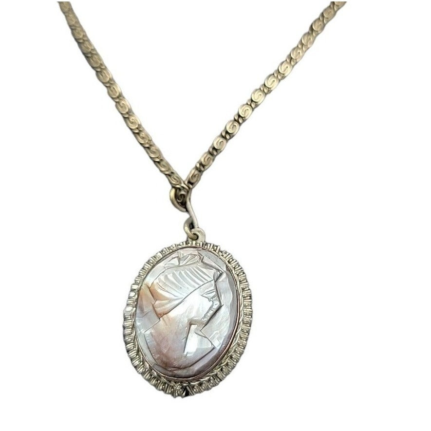 Vintage Italian Signed BS 800 Silver Mother of Pearl Carved Cameo Necklace Ring Set