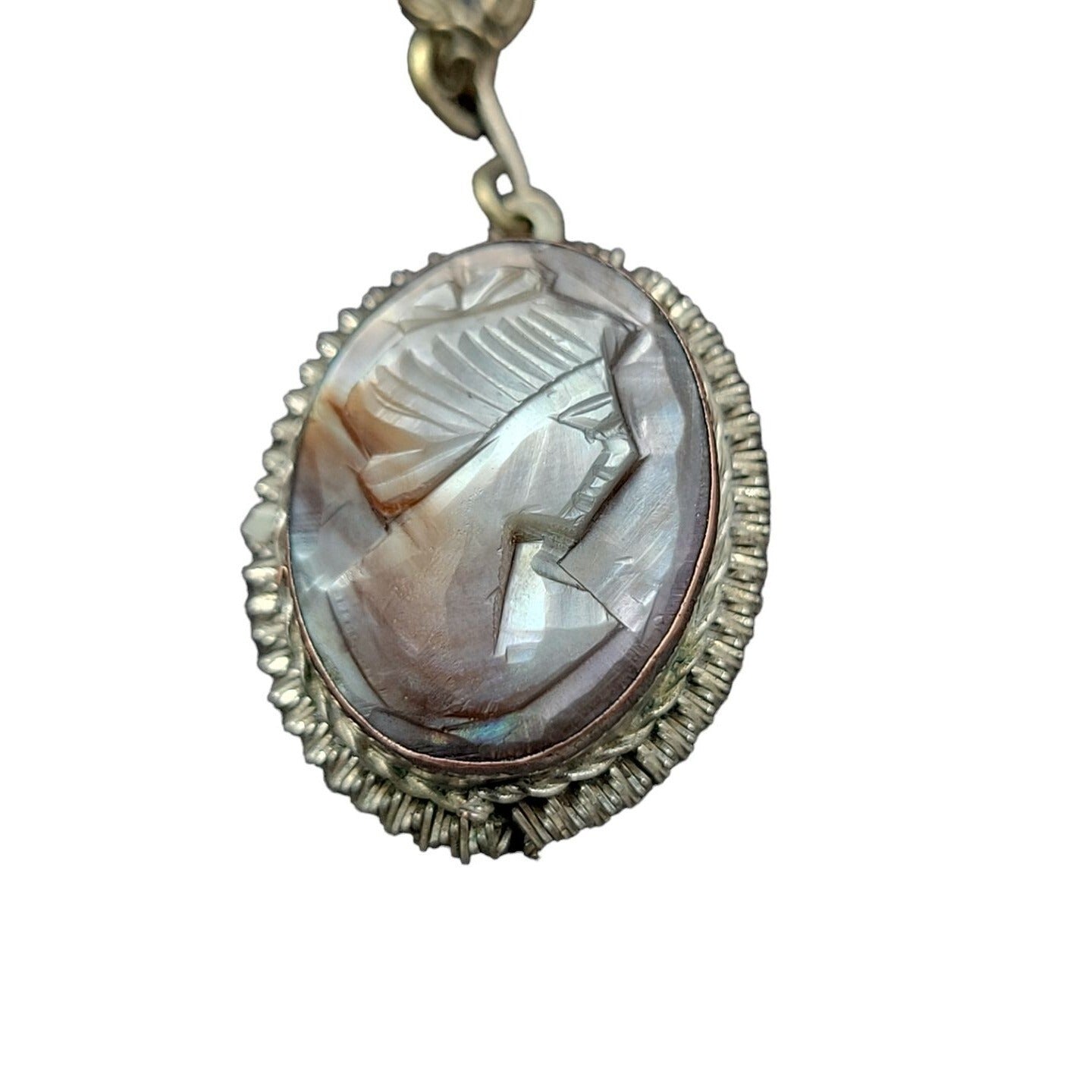 Vintage Italian Signed BS 800 Silver Mother of Pearl Carved Cameo Necklace Ring Set