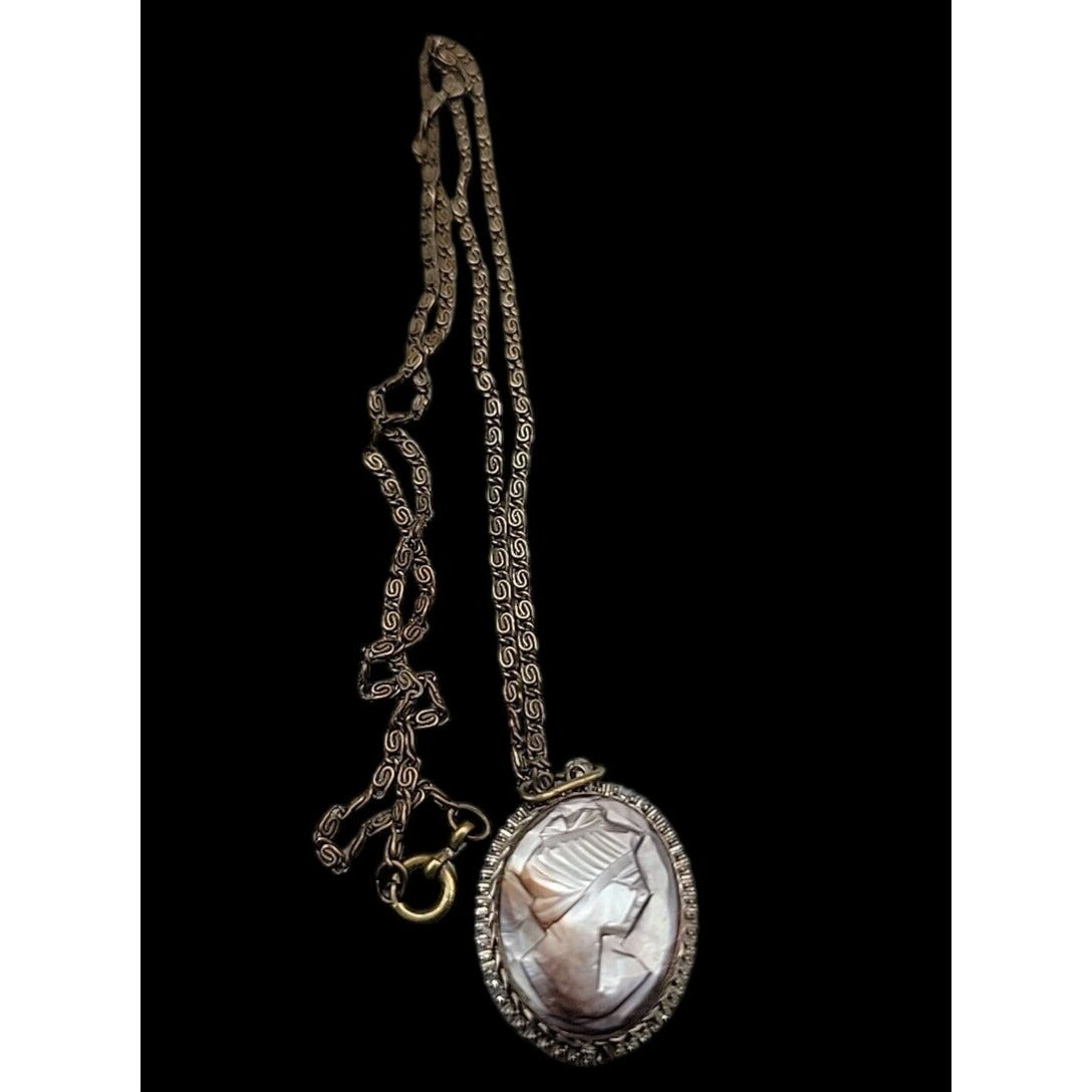 Vintage Italian Signed BS 800 Silver Mother of Pearl Carved Cameo Necklace Ring Set