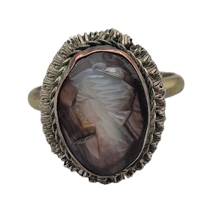 Vintage Italian Signed BS 800 Silver Mother of Pearl Carved Cameo Necklace Ring Set