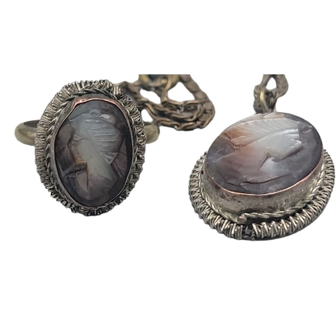Vintage Italian Signed BS 800 Silver Mother of Pearl Carved Cameo Necklace Ring Set