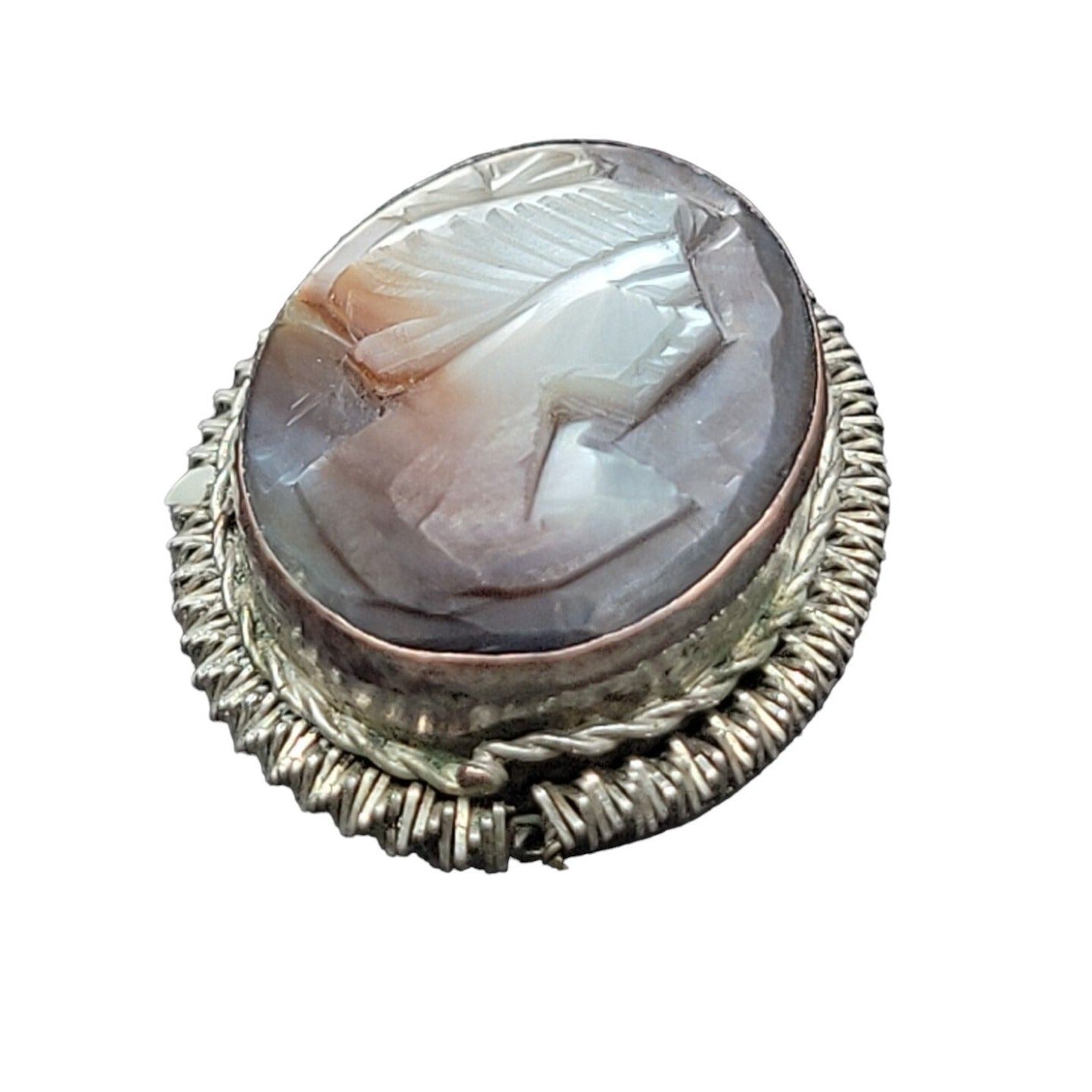 Vintage Italian Signed BS 800 Silver Mother of Pearl Carved Cameo Necklace Ring Set