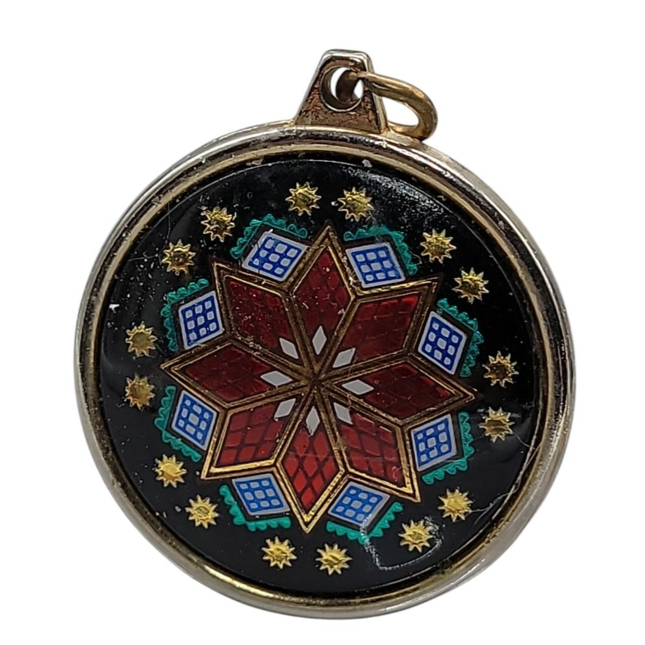 Vintage Cloisonne Enamel Star Pendant Reversible Starburst Medallion Pendant